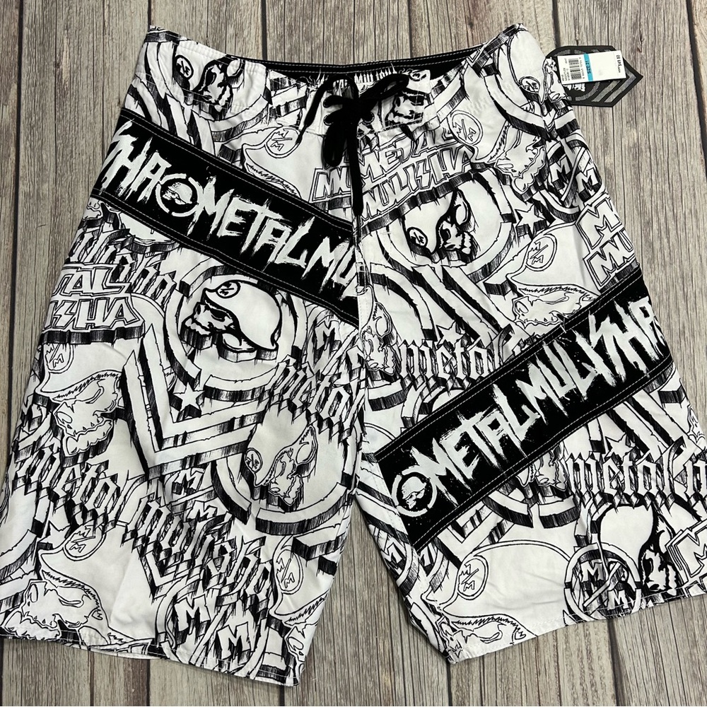 Metal Mulisha Mens Size 31 Black White Logo All Over Print Swim Board Shorts NWT